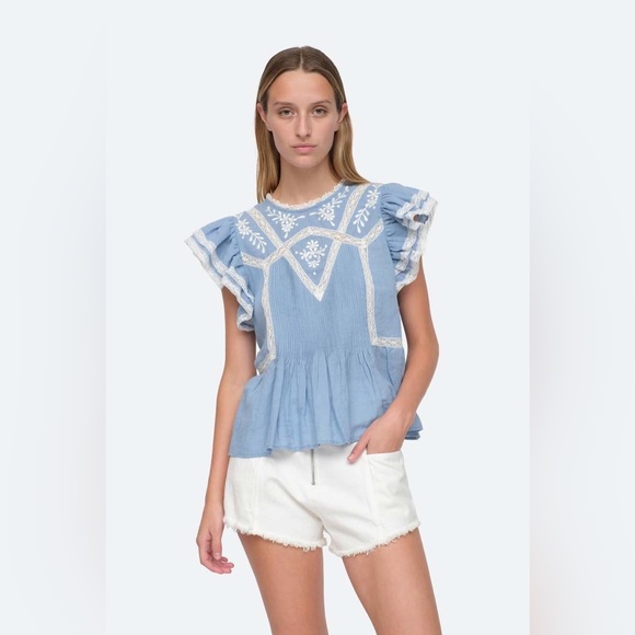 Sea New York Kyla Embroidery Chambray Flutter Sleeve Top - Picture 1 of 8
